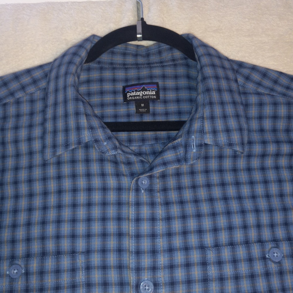 Patagonia Shirt Mens Medium Blue Black Plaid Organic Cotton Long Sleeve Camp
